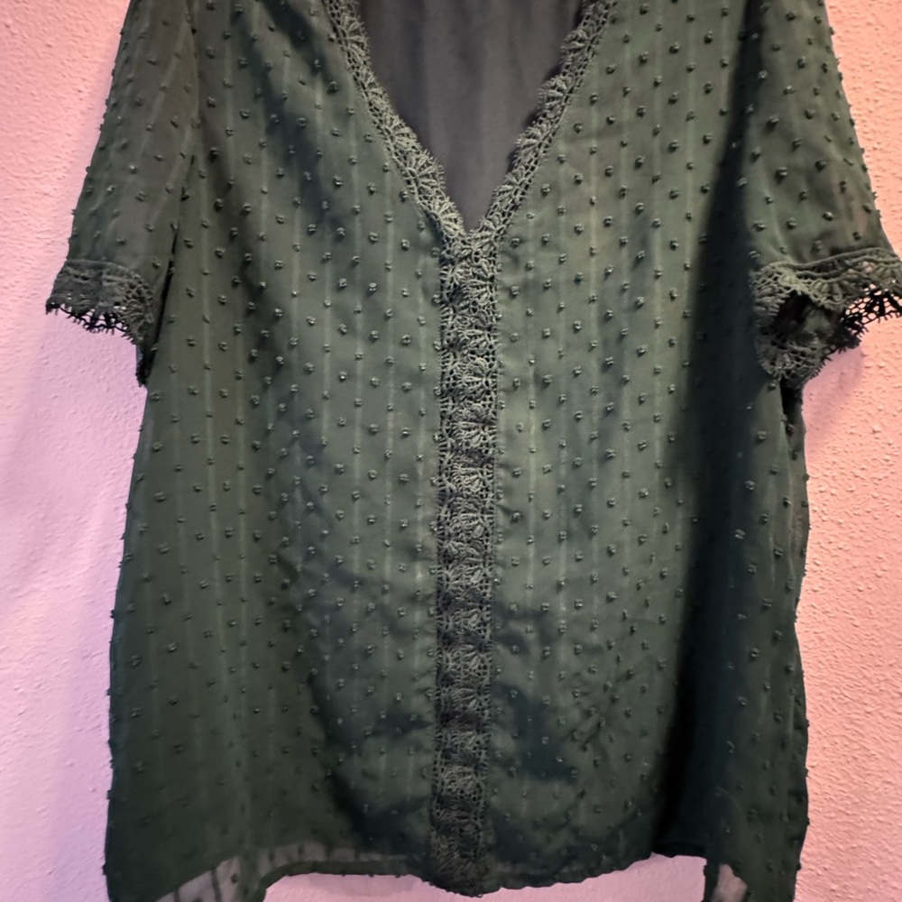 Dark Green V-Neck Textured Blouse with Lace Trim